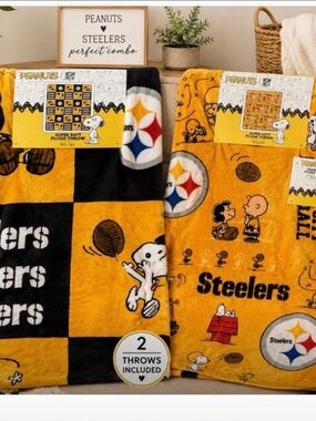 NEW SET of 2 NFL PITTSBURGH Steelers Peanuts SNOOPY PLUSH Throw Blankets VIRAL